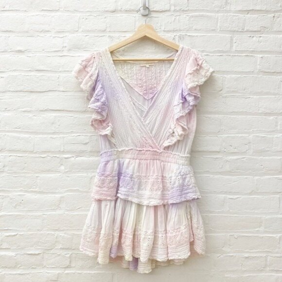 LoveShackFancy || Gwen Mini Dress Tie Dye Eyelet Ruffle V-neck Pink Large - Picture 1 of 9